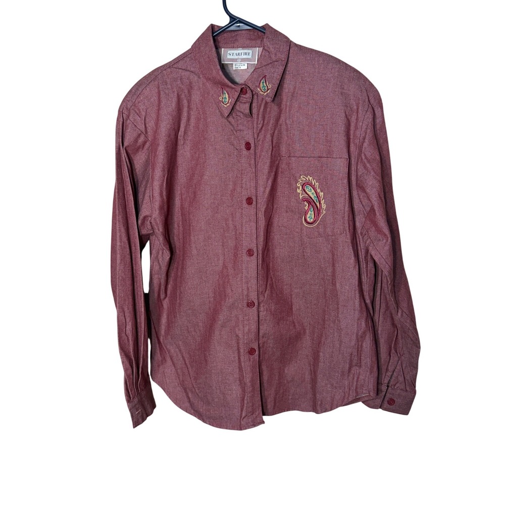 Vintage Starfire Burgundy Cotton Paisley Embroidered Button Down Shirt Size 14